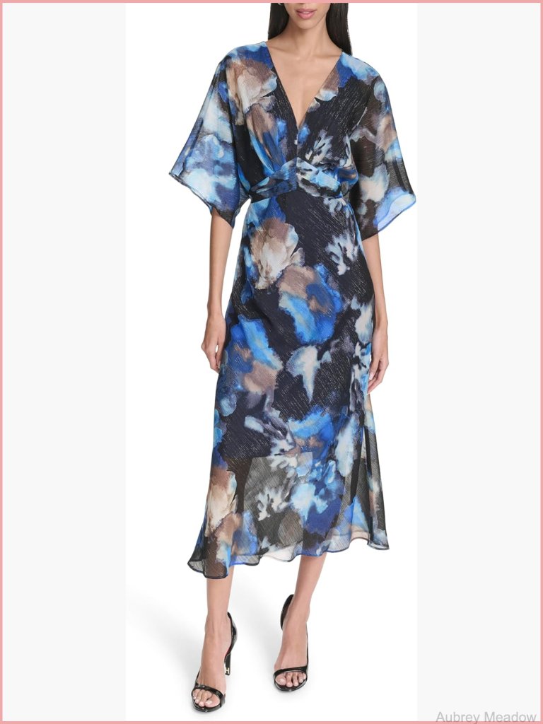 Printed Kimono Sleeve V-Neck Maxi Dress With 3/4 Sleeves